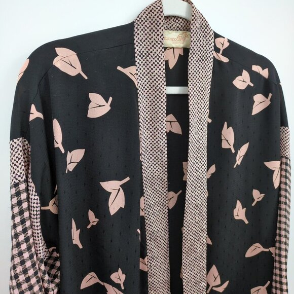 Vintage Patti Cappalli California Kimono Cover Up Jacket Leaves Plaid Black Pink - Picture 3 of 7